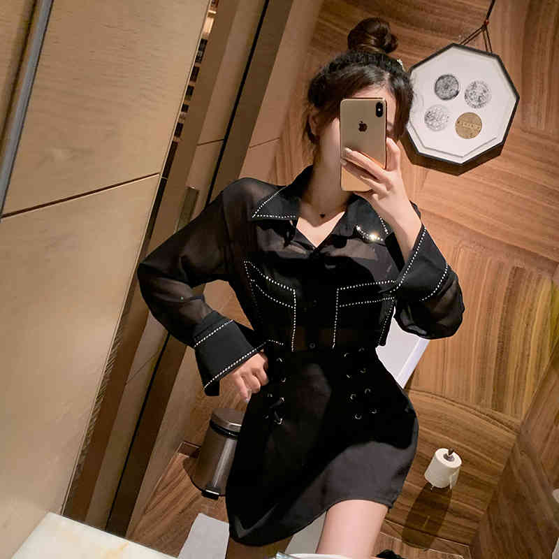 Summer Sexy Women Office OL Black Perspective Top Fashion Long Sleeve Casual Chiffon Shirt Blusas Mujer 210519