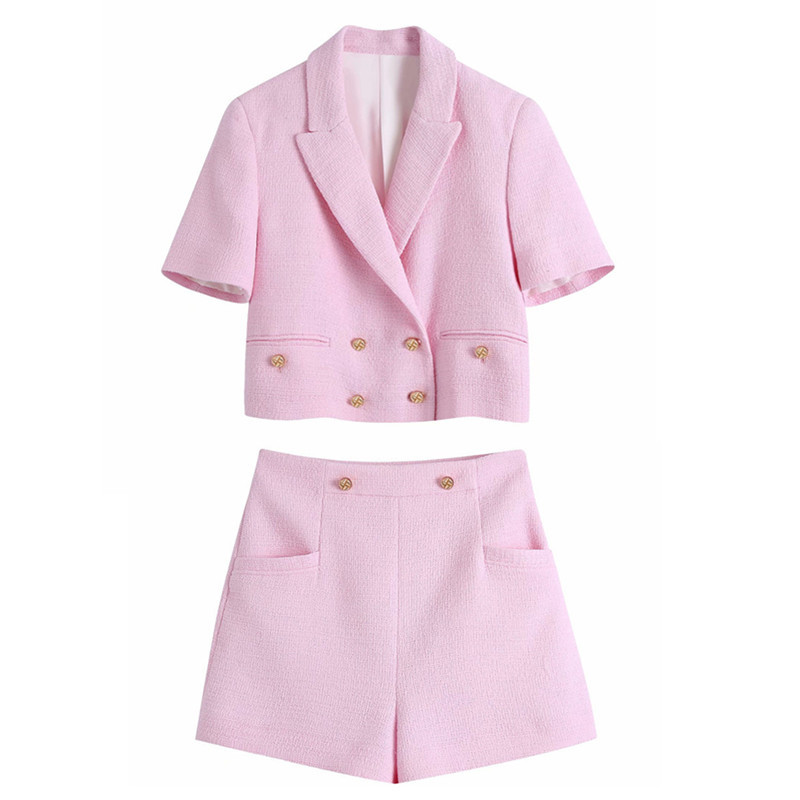 PUWD Casual Woman Pink Tweed Matching Sets Spring Fashion Short Sleeve Suits Ladies Sweet Streetwear Shorts Suit 210522