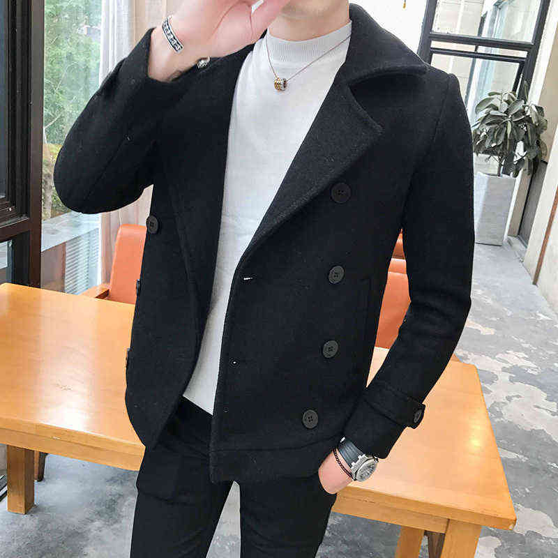 Autumn Winter Solid Color Overcoat Woolen Coat Red Black Smart Casual Mens Wool Coat Coats Jackets Slim Fit Mens Pea Coat 211122