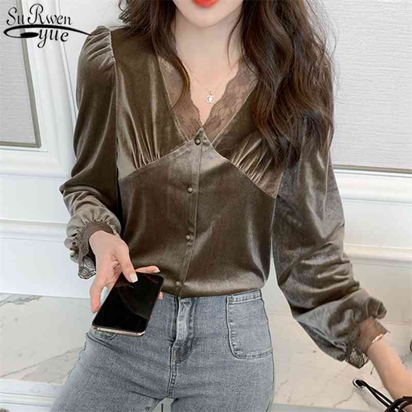 Gold Velvet Lace Women's Shirt Autumn and Winter Korean Slim V-neck Blouse Women Long Sleeve Bottoming 12627 210427