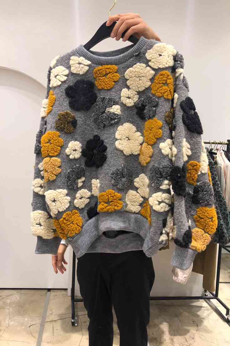 Nomikuma Korean Flowers Jacquard Pullover Sweatshirt Autumn Winter Thick Hoodies Causal Long Sleeve O-neck Top Jumper 6D482 210427