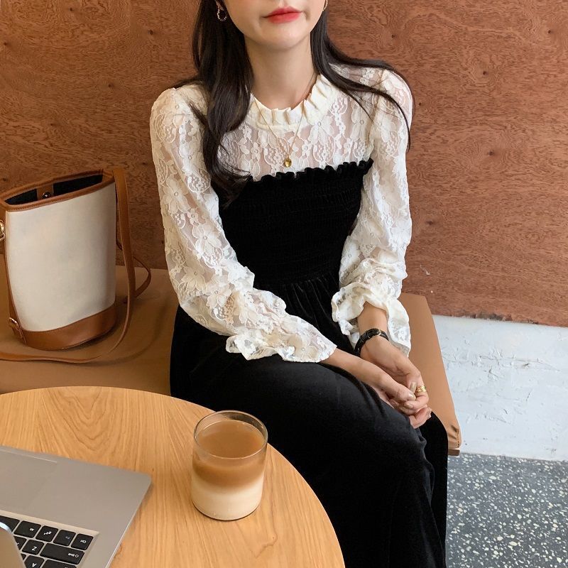 Lace Vintage Dress Women O-Neck Elegant Black Dress Female Casual Patchwork Long Sleeve Dress Korean Autumn 210521