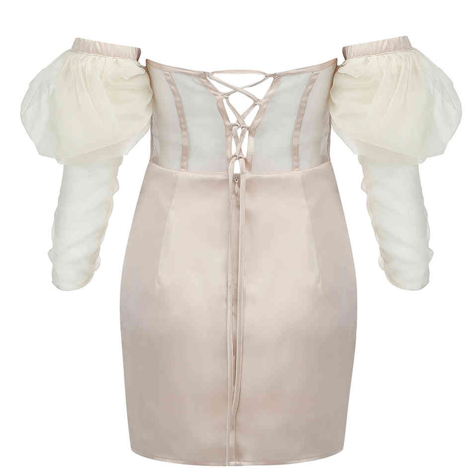 Free Women's Satin Dress Sexy Lantern Sleeve Bodycon Tulle Strapless Club Party Mini Drape Vestidos 210524