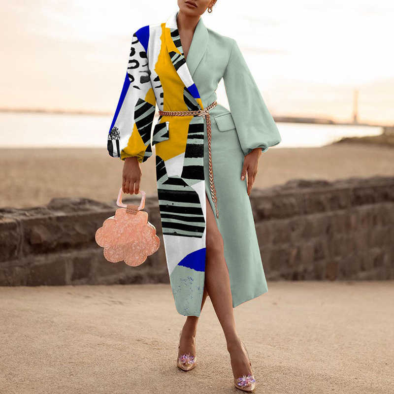 Fashion Women Winter Chic Overcoat lantern Sleeve Loose Warm Outwear Ladies Turn-down Collar Abstract Print Woolen Long Coat 210915
