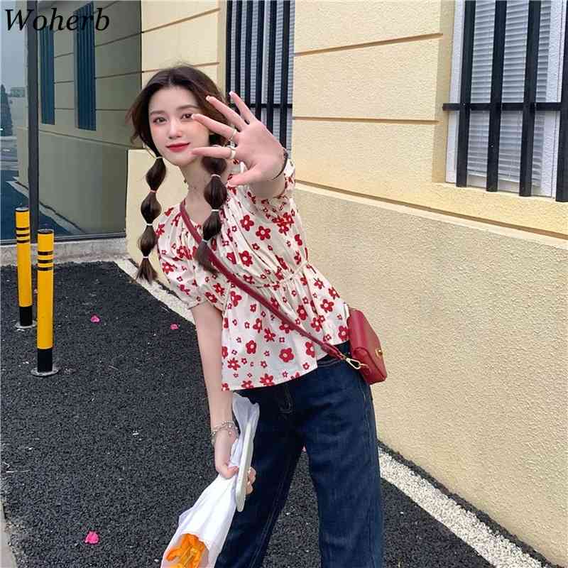 Summer Kawaii Floral Print Dress Women Elegant Puff Sleeve Sweet Dresses Ladies Korean Chic Mini Robe Vintage Vestidos 210519