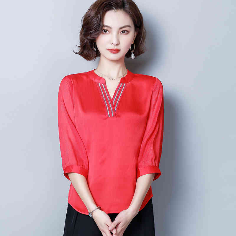 Spring Summer Short Sleeve Chiffon Blouse Women Casual Plus Size Solid Shirt V-neck Ladies Tops Camisas Mujer 8608 50 210508