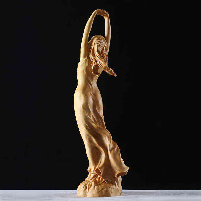 23cm Wood Chinese Style Beauty Female Statue Sculpture Art Handmade Boxwood Carving Fairy Miniature Decoration Crafts 211108