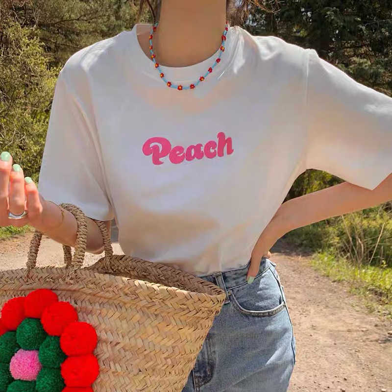 Korejpaa Women T-Shirt Summer Korean Chic Sweet Little Peach Embroidered Letters Round Neck Loose Short-Sleeved Pullover 210526