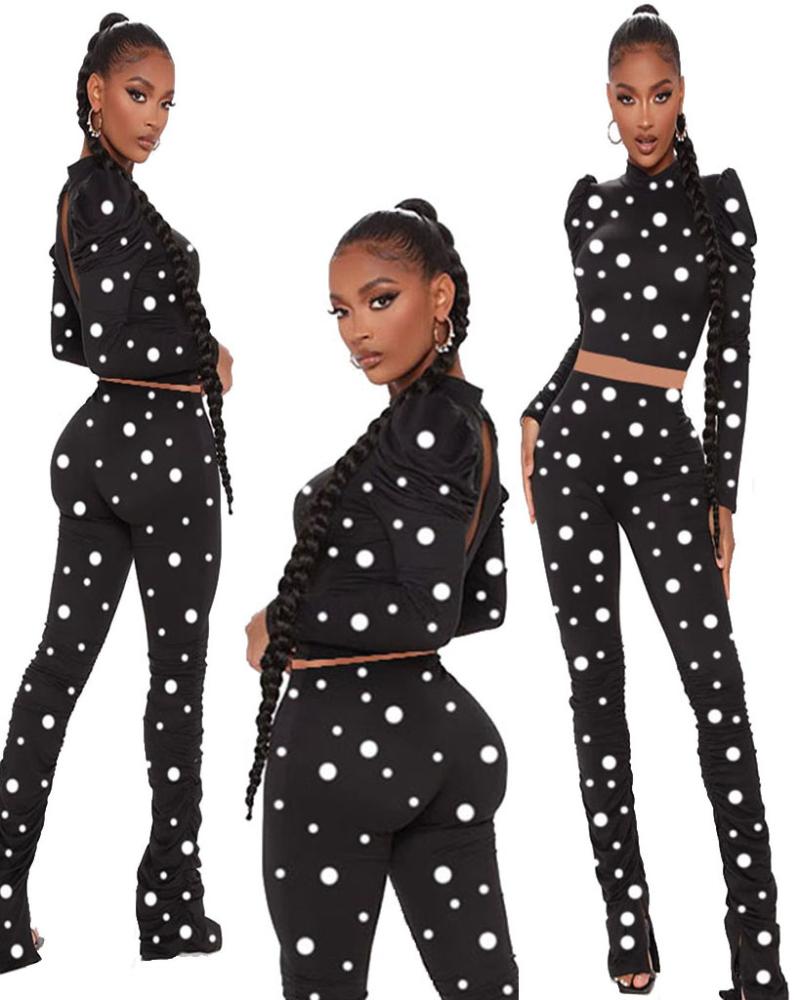 Black White Dot Printed Elegant Work Wear Women Two Piece Outfits Long Sleeve Slim-Fit Crop Top Tunic High Waisted Pants Sets Women's Tracks