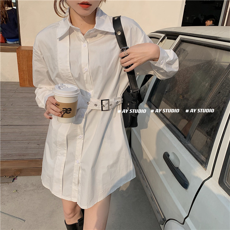 Korean Cotton Loose Long Shirt Women Full Sleeve Single-breasted Belted Blouses Solid Fashion High Street Female Blusas Tops 210514