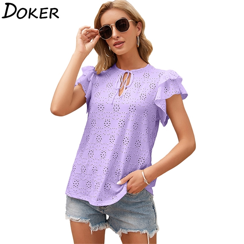 Women Ruffle Sleeve Hollow Out Sexy T Shirt Solid Color Bandage O-neck Casual Streetwear Female Summer Plus Size Tops 210603, Purple
Women Ruffle Sleeve Hollow Out Sexy T Shirt Solid Color Bandage O-neck Casual Streetwear Female Summer Plus Size Tops 210603, Purple