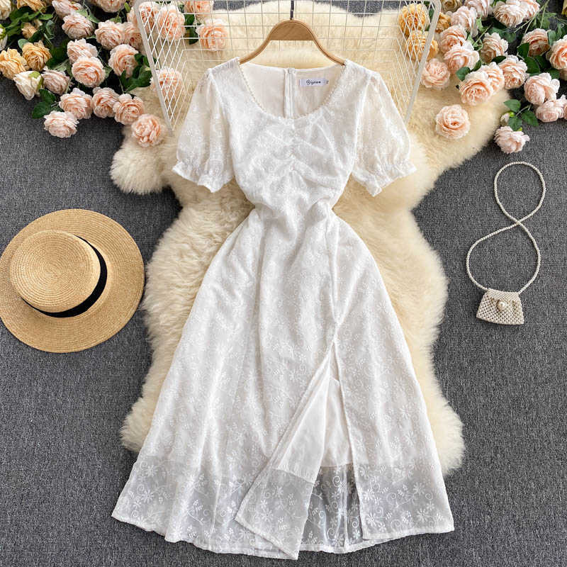 DEAT Women Split Slim Beaded Dress Round Neck Short Sleeve Arrivals Lady Temperament Fashion Spring Summer 11D597 210709