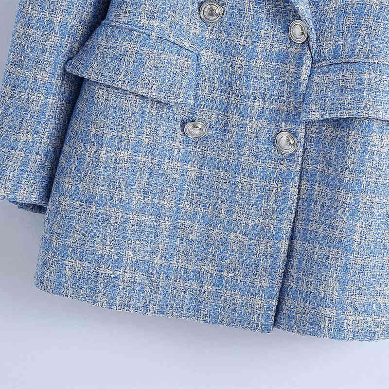 Casual Women V Neck Double Breasted Coat Spring-autumn Fashion Ladies Office Female Checkered Texture Blazer 210515