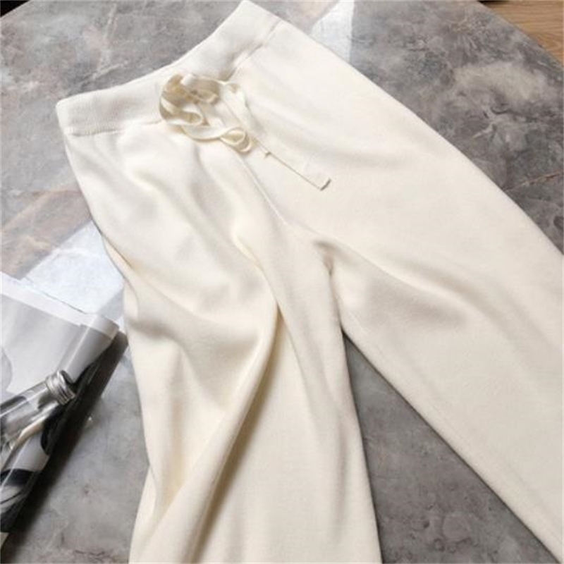 Nomikuma Knitted Women Wide Leg Pants Autumn Winter Korean Causal Solid Long Trousers Lace Up Stretch High Waist Pants 6C194 210427