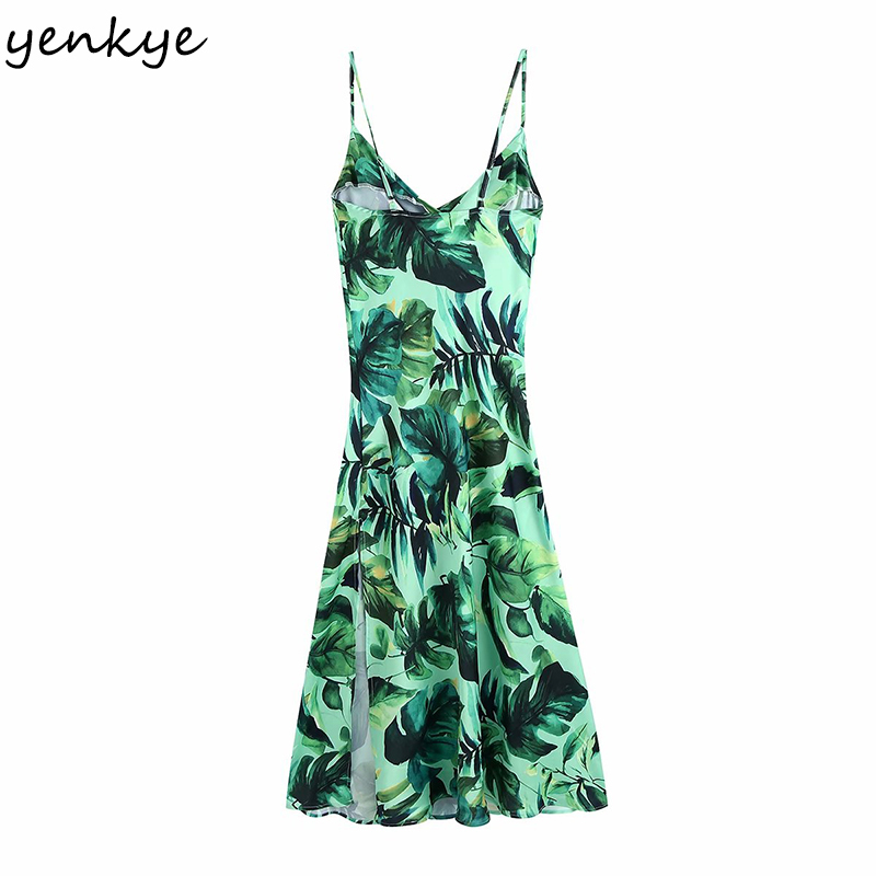 Summer Women Green Tropical Print Sling Long Dress Female Sleeveless Side Slits Sundress Sexy Vestido 210430