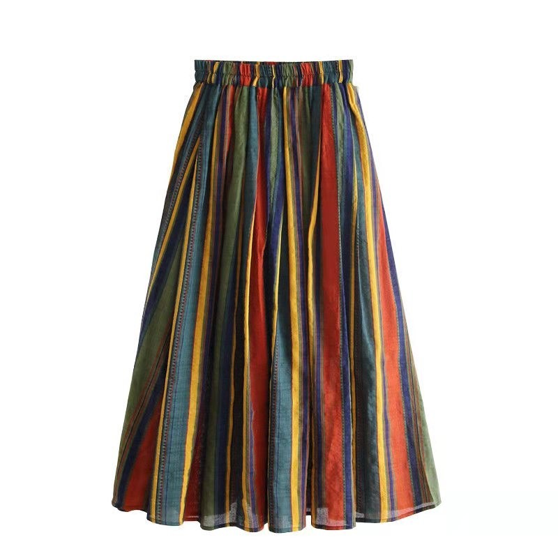 Arrival Summer Women Casual Elastic Waist A-line Skirts All-matched Striped Cotton Linen High Skirt W215 210512