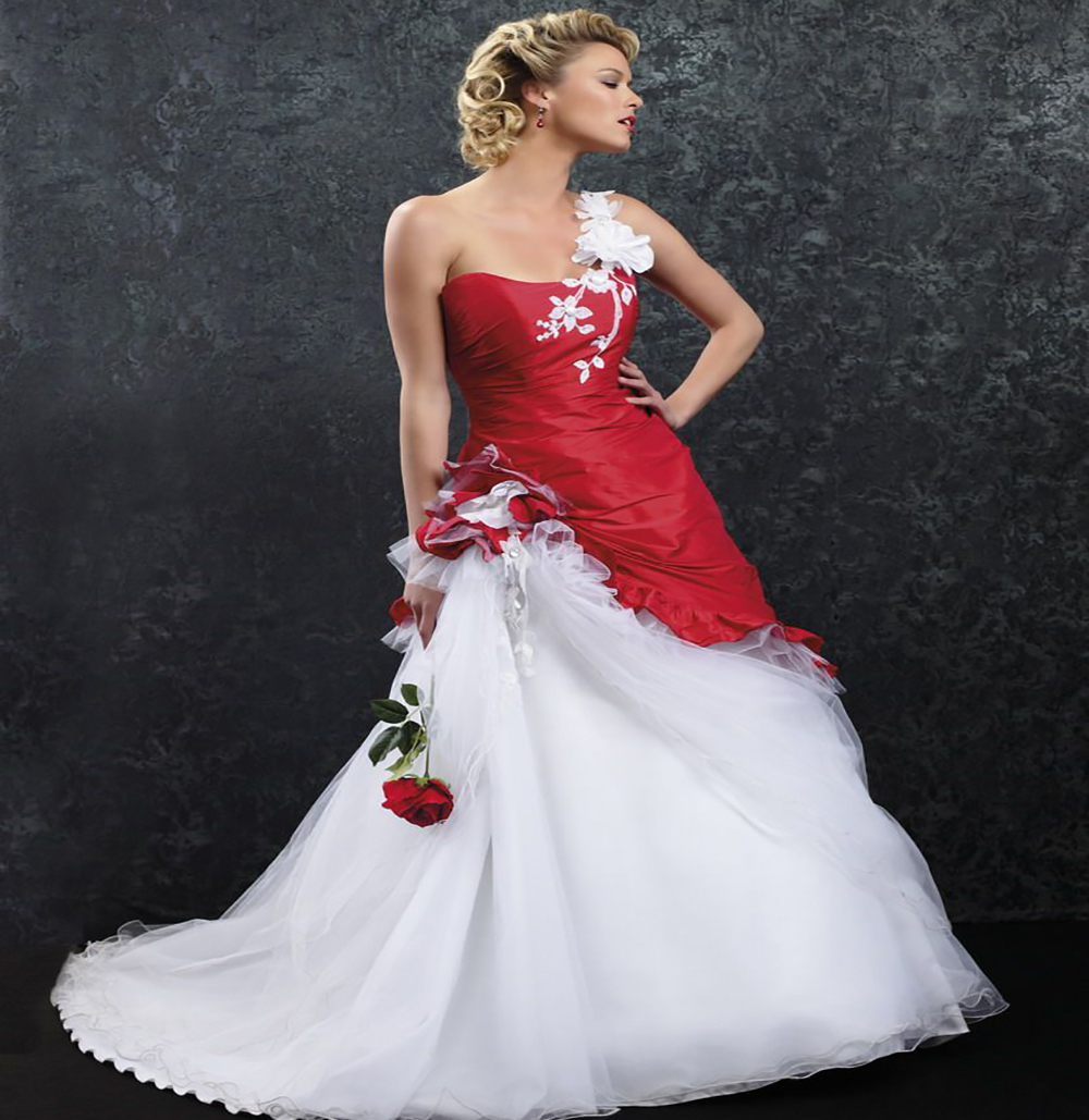 Vintage One Shoulder Gothic Wedding Dresses Red And White Floor Length A Line Pleated Country Bridal With Flowers Vestio De Novias Bride robe soirée m