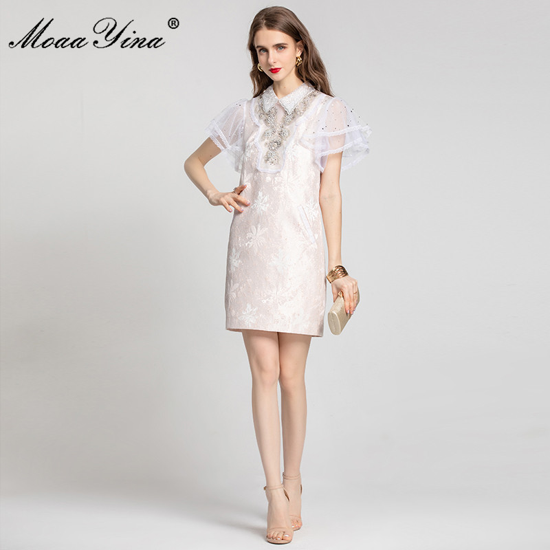 Summer Short Jacquard Dresses Women Runway Vintage Floral print Butterfly Sleeve Splice Elegant Party Mini Dress 210524