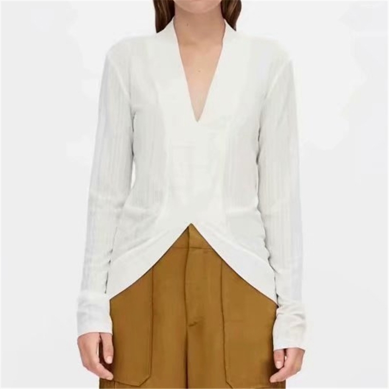 Streetwear Women Solid White Shirts Fashion Ladies V-Neck Polyester Knitted Tops Elegant Female Chic Slim Blouse 210430