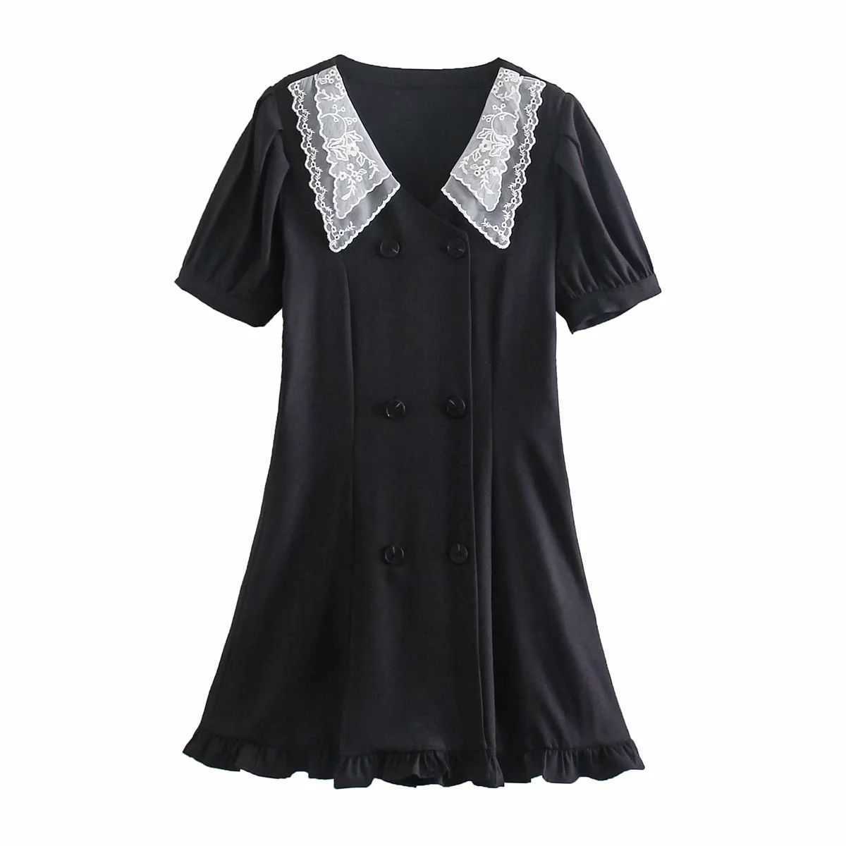 Women Dress Lace Collared Double breasted Short Sleeves Mini dress Chic Lady elegant Vintage Casual Woman Dresses 210709, Black
Women Dress Lace Collared Double breasted Short Sleeves Mini dress Chic Lady elegant Vintage Casual Woman Dresses 210709, Black