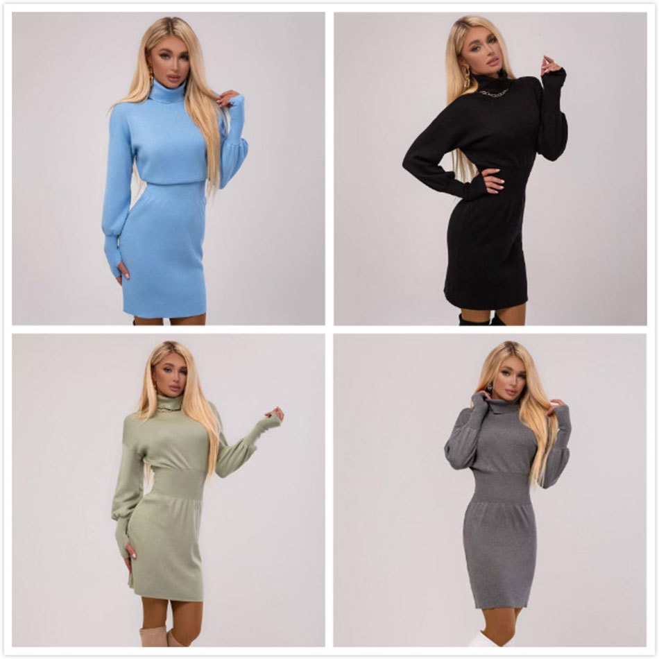 Free Autumn Women's Turtleneck Sweater Dress Elegant Lantern Sleeve Bodycon Knit Pullover Mini Vestidos 210524