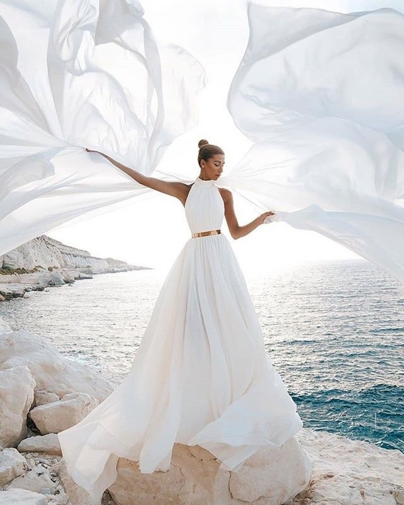 Simple Beach Wedding Dress 2022 Sexy Backless A Line Ivory Chiffon Bridal Gowns High Neck Long Dress Formal Party Vestido De Noiva Mariage