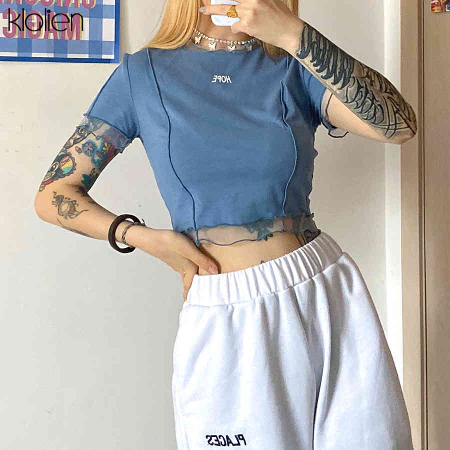 KLALIEN Leisure Women Cotton T Shirt Summer High Street Fashion Simple Print Letter Patchwork Female T shirt Wild Slim Top Lady 210322