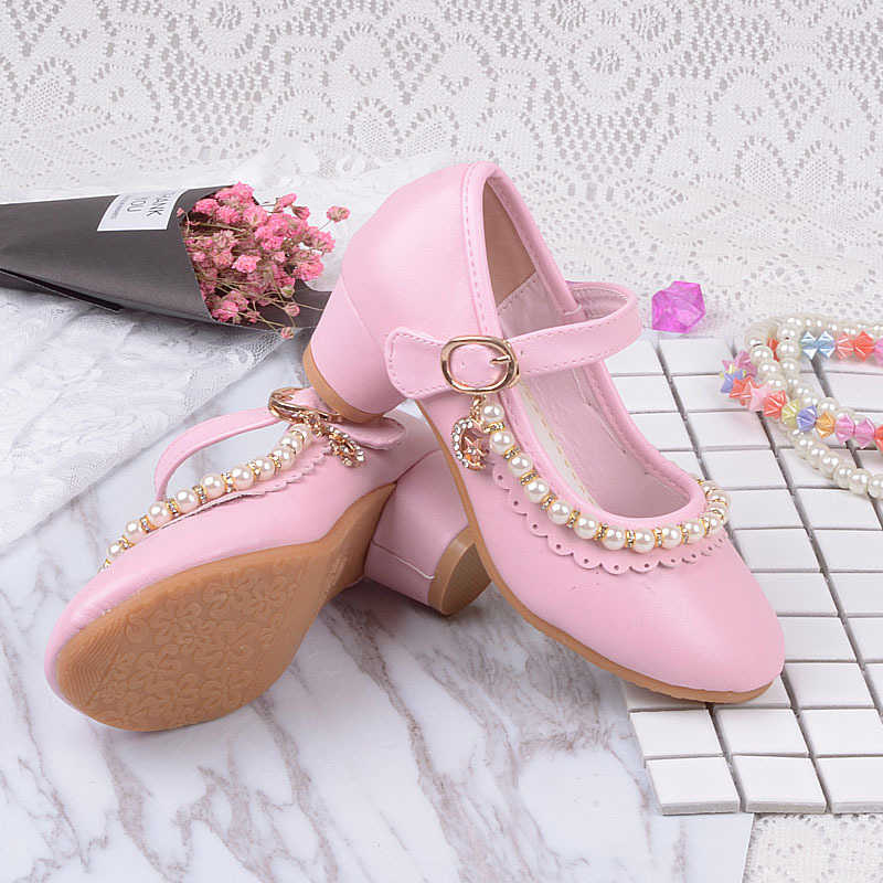 High Heels Kid Shoes Beading White Leather Girls Party Shoes Princess Dress Shoe Big Children Wedding Shoe 3 4 5 6 7 8 9 10 1112 Y0809
