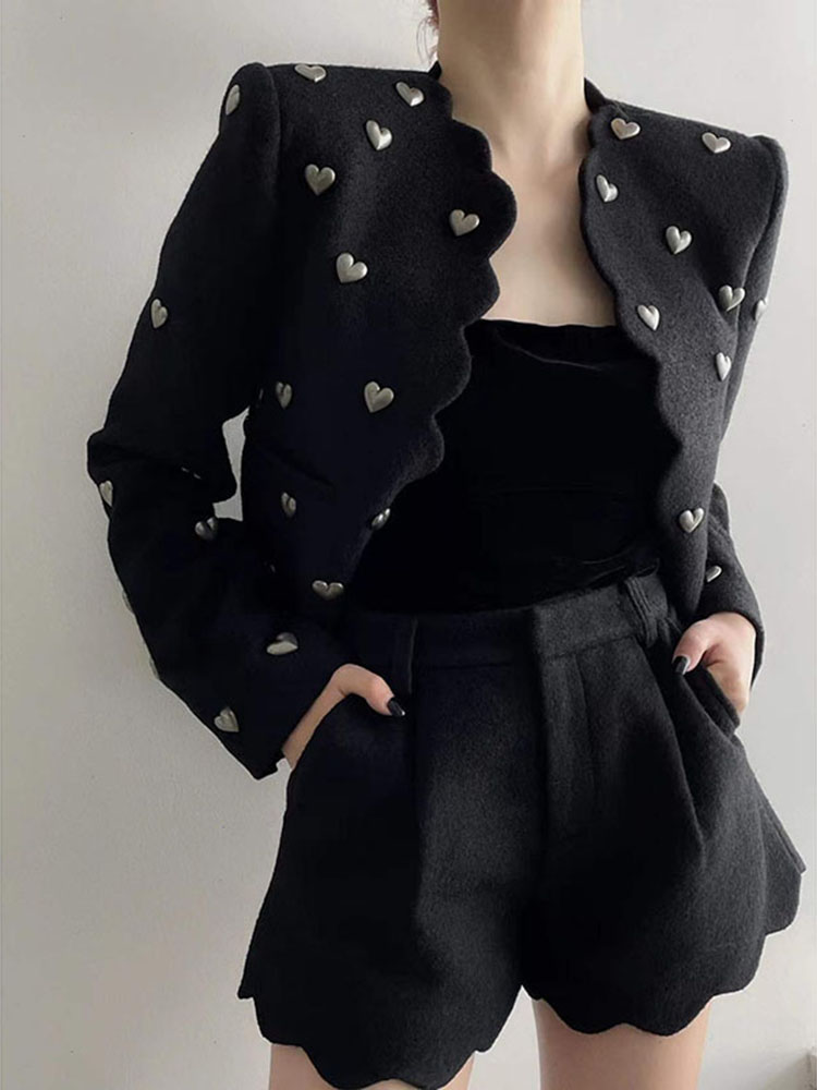 New spring autumn Womens fashion elegant 3D love heart patchwork woolen long sleeve short jacket coat SMLXL