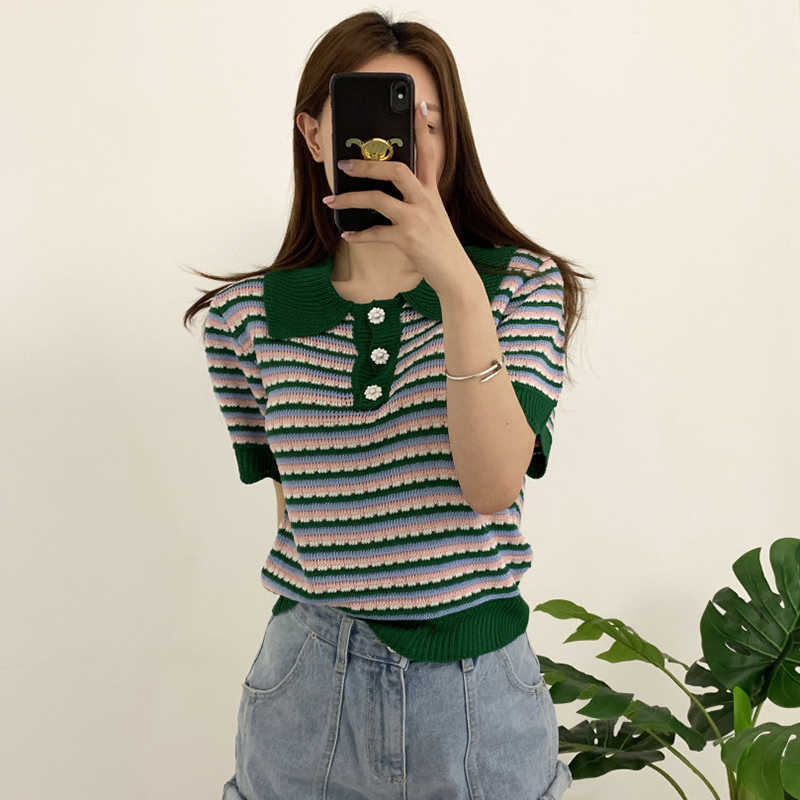 Korejpaa Women T-Shirt Summer Korean Chic Western Style Lapel Three Buttons All-Match Puff Sleeve Color Striped Pullovers 210526