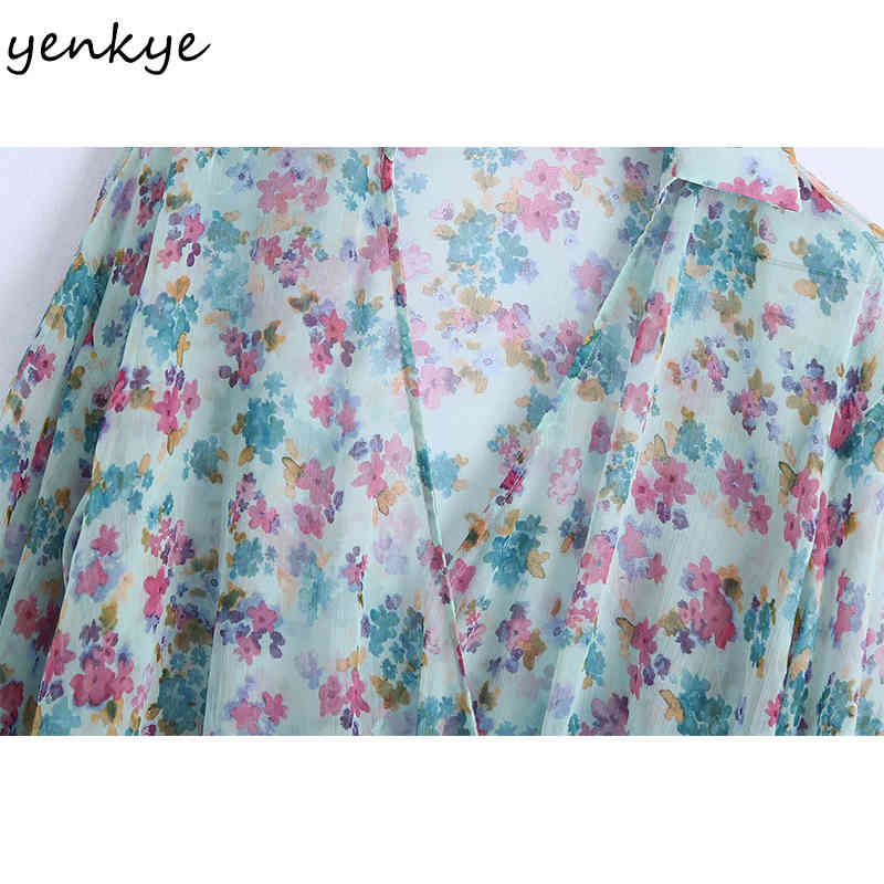 Sexy Transparent Floral Print Chiffon Blouse Women Cross V Neck Long Sleeve Summer Crop Top Fashion Blusas 210430