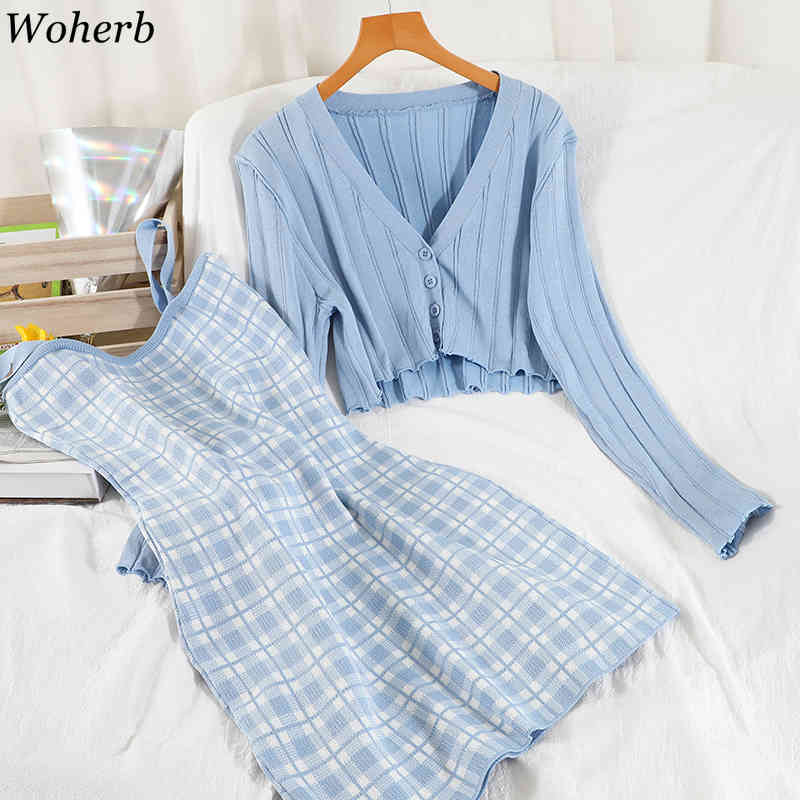 Suit Female Korean Fashion Cropped Cardigan Knitted Jacket Slim Sling Dresses Femme Roupas Chic Two Piece Sets Women 210519