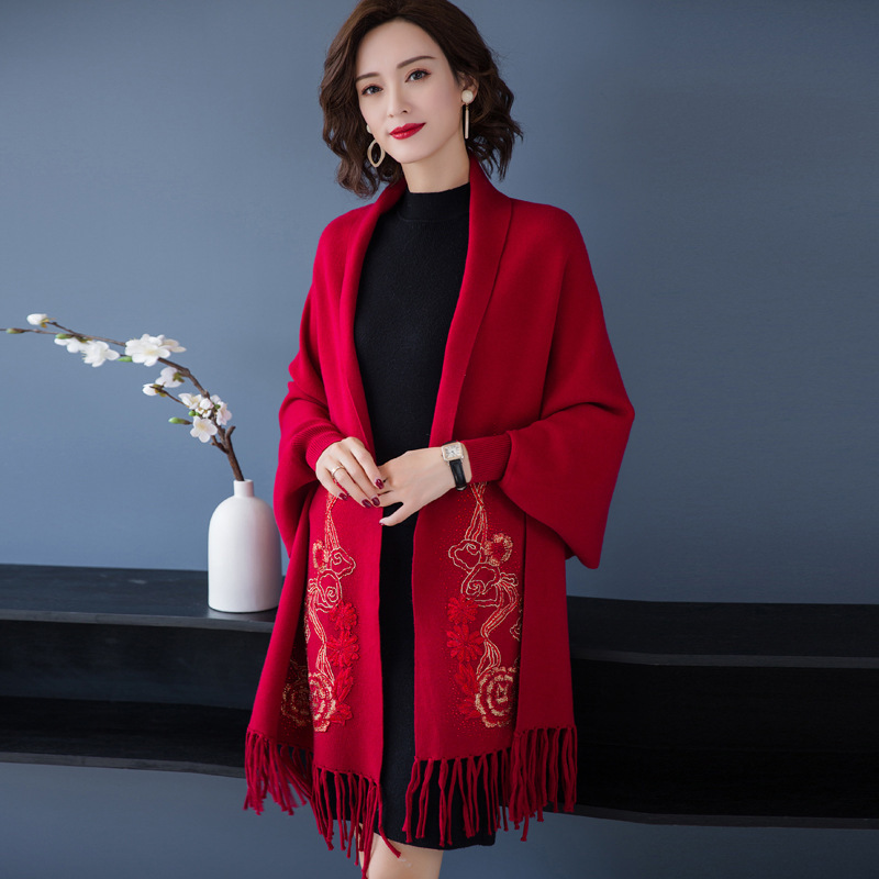 Women Autumn And Winter National Style Sleeves Cape Shawl Scarf Ladies Fringed Embroidered Cardigan 210427