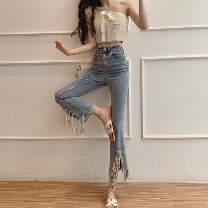 Jeans With Beads Tassel Rhinestones Vintage Skinny High Waist Stretchy Petite Ankle Elastic Denim Pants 210510