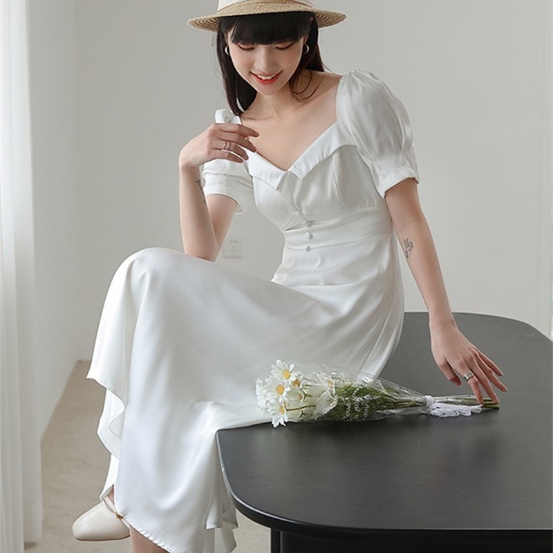 Summer Women Elegant Holiday Dresses Vintage Fashion Puff Sleeve Square Collar White Chiffon Party 210519