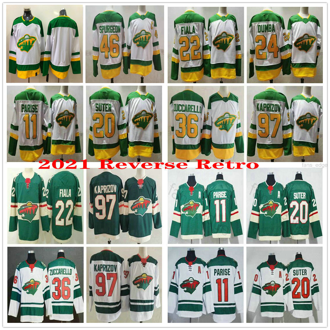 Reverse Retro Hockey Minnesota Wild 97 Kirill Kaprizov Jersey 46 Jared Spurgeon 11 Zach Parise 20 Ryan Suter 22 Kevin Fiala 36 Mats Zuccarello 24 Matt Dumba Green White от DHgate WW