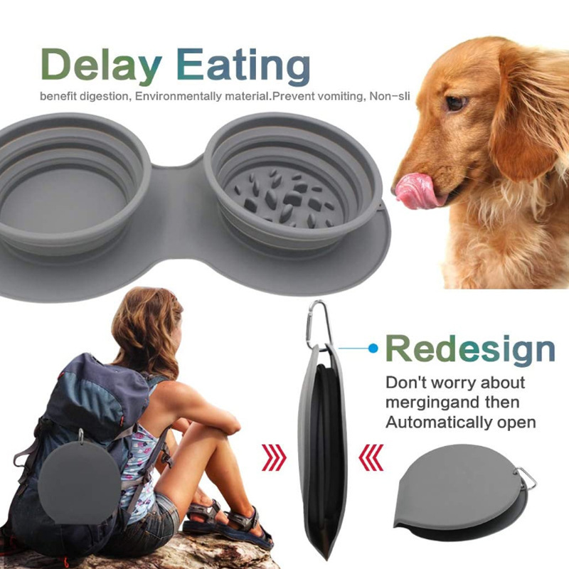 Pet Slow Feeder Bowls Double Collapsible Foldable Dual Bowls Portable Dog Licking Plate Pet Meal Plate Anti Choking Food Feeding