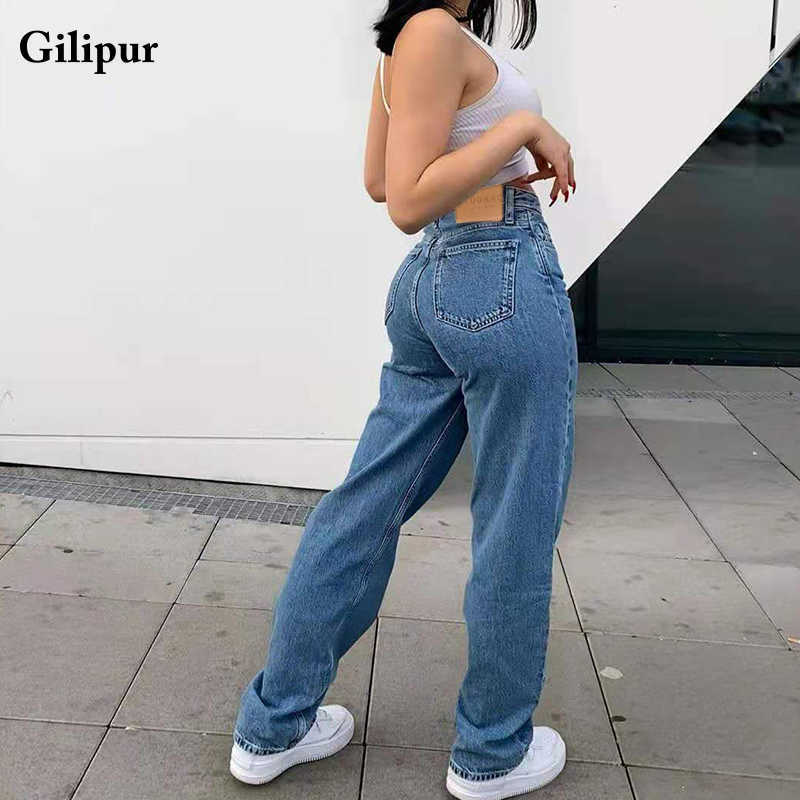 Jeans Women Fashion Mom Straight Leg Pants Washed Blue Casual Long Denim Trousers High Waist Streetwear 210922