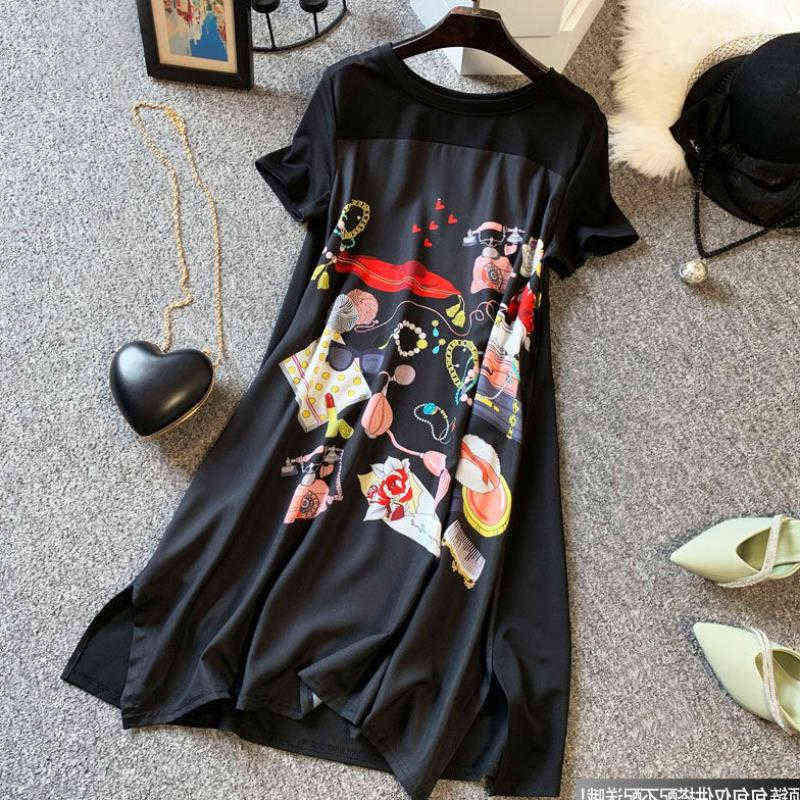 Summer Dress Women New Large Size Slimming Loose Fashion Belly-covering Length Black Spliced Printing Vintage Oversized Dress G1223
Summer Dress Women New Large Size Slimming Loose Fashion Belly-covering Length Black Spliced Printing Vintage Oversized Dress G1223
