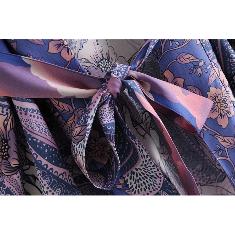 Bohemian Women Blue Space Moon Flower Print Kimono Shirt Holiday Beach Tide Bow Sashes Mid Long Cardigan Blouse BOHO Tops 210317