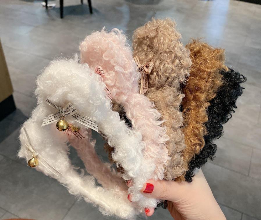 Bear Ear Bell Bowknot Fur Headband Hair Stick Accessories Cute Curly Plush Hairband Soft Fashion Hoop for Party Gift
