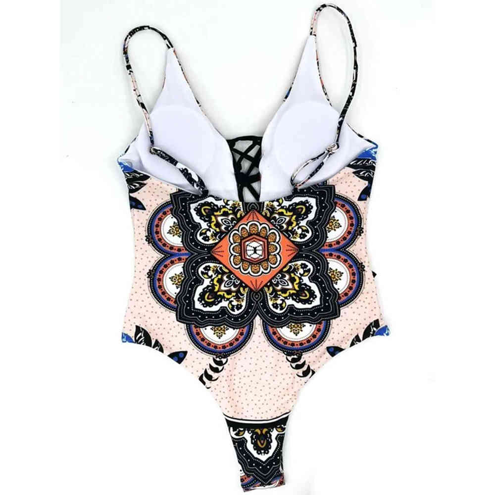 Vintage Print Swimsuit Women Swimwear Bandage Bodysuit Push Up Monokini Summer Bathing Suits Beach Wear 210521