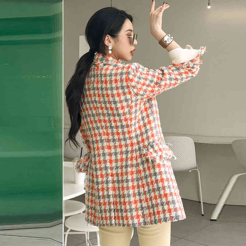 Women Autumn Fashion Double Breasted Plaid Jacket Vintage Turn Down Collar Tweed Streetwear Outwear Jackets Coat 210506