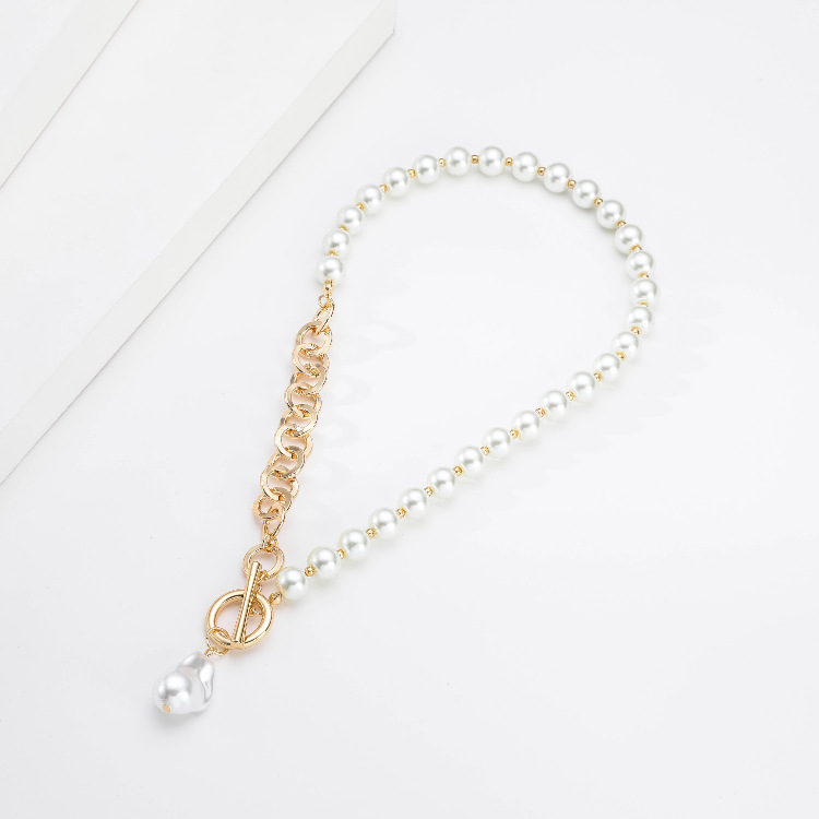 Punk Asymmetric Charm Chain Pearl Necklace For Women Baroque Irregular Pendant Long Toggle Chain New Trendy Jewelry Gifts