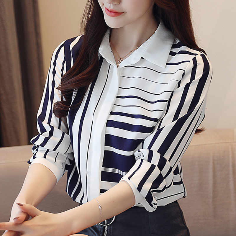 Autumn Korean Long Sleeve Shirts Turn-down Collar Chiffon Blouses Femal Slim Striped Women Tops 6108 210518