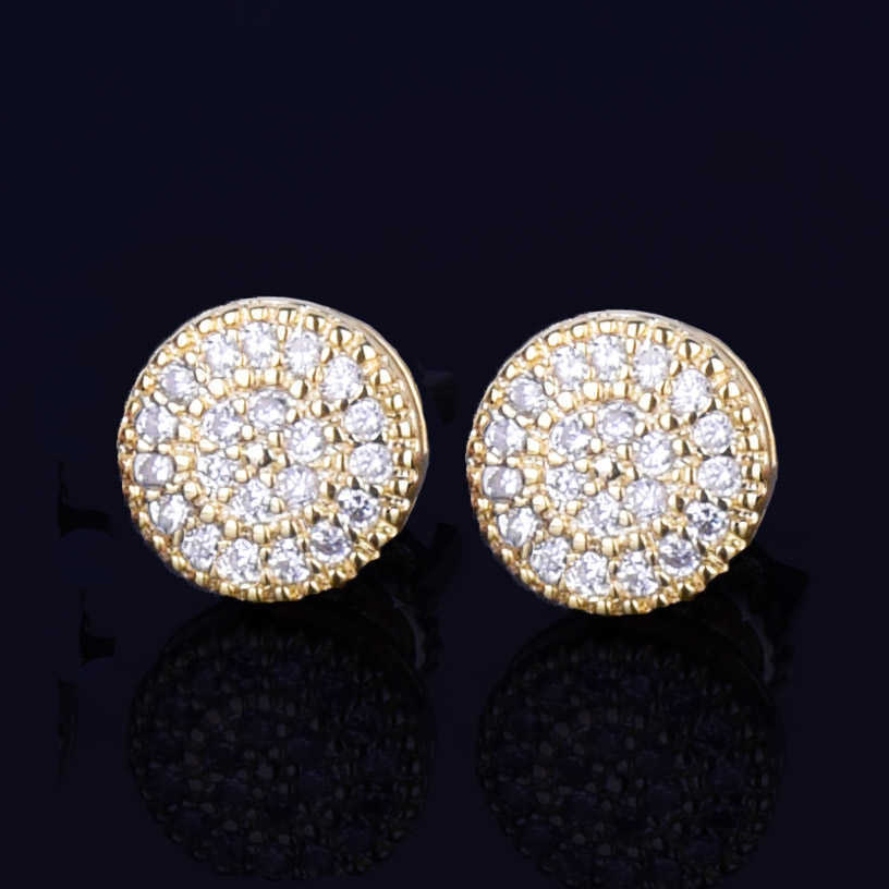 8MM Gold Color Small Round Stud Earring AAAA Cubic Zircon Screw Back Men's Earrings Fashion Hip Hop Jewelry 210817