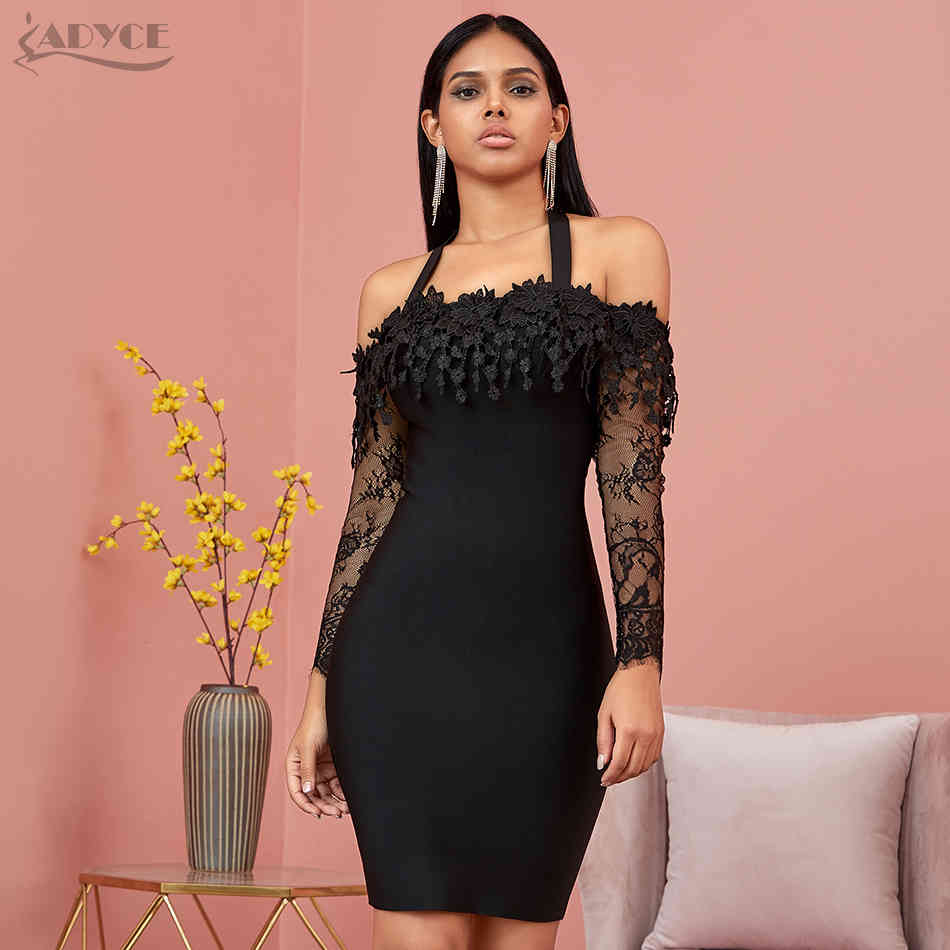 Winter Lace Off Shoulder Bandage Dress Women Sexy Long Sleeve Black Club Celebrity Evening Runway Party Dresses 210423