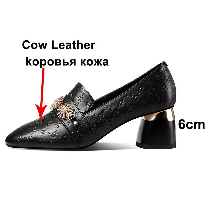 Meotina High Heel Cow Leather Pumps Women Block Heels Metal Decoration Flower Shoes Fashion Female Footwear Spring Beige 210520