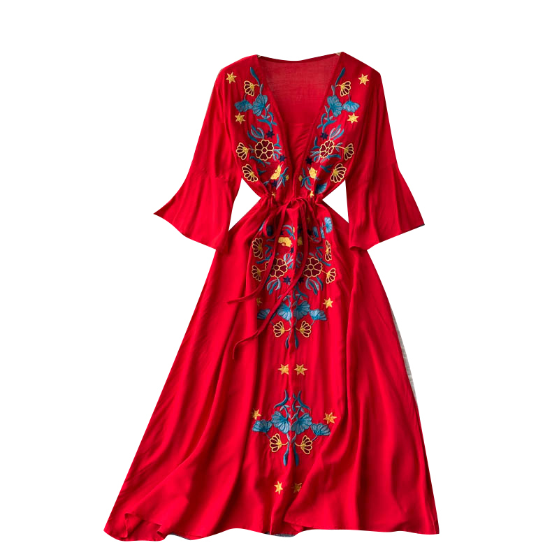 Spring Korean Bohemian Vacation Midi Dress Retro Embroidery Flower Dress Women Chic Flared Sleeve V Neck A-line Dress 210521