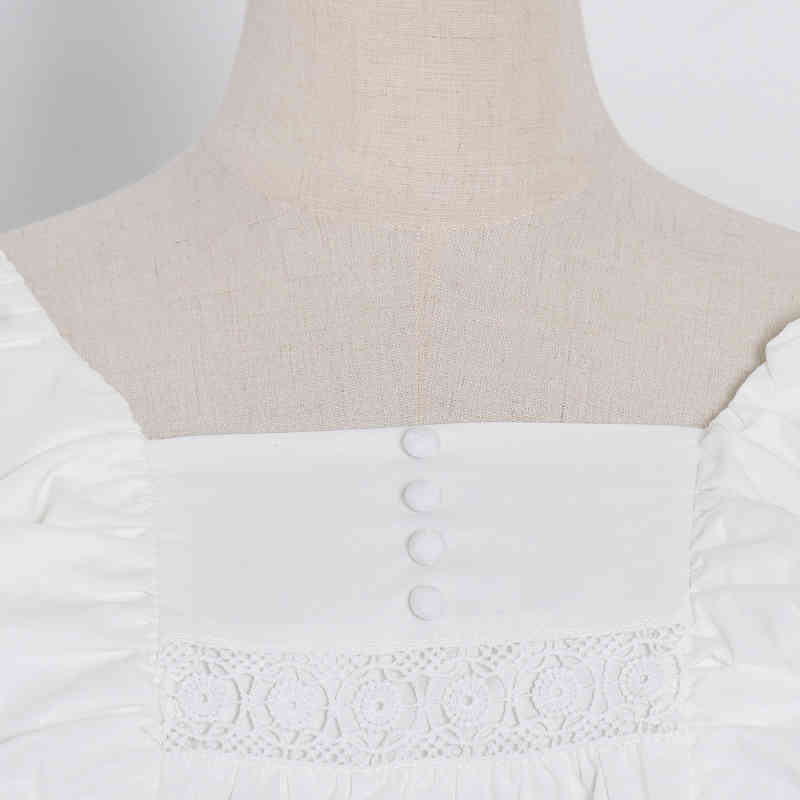 Patchwork Ruffle Lace Dress For Women Square Collar Lantern Sleeve Ruched Casual Loose Dresses Female Fashion 210520